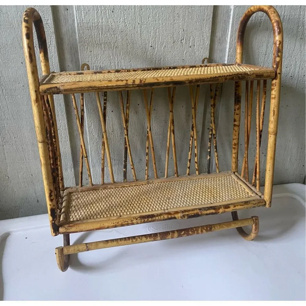 Vtg Tortise Shell Bamboo Boho Tiki Cane Rattan Wicker 2 level Wall Shelf w/ Towe